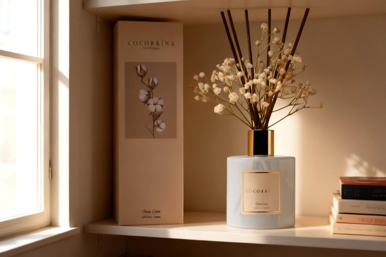 Reed diffuser with rattan sticks on a shelf beside a stack of books in a small apartment