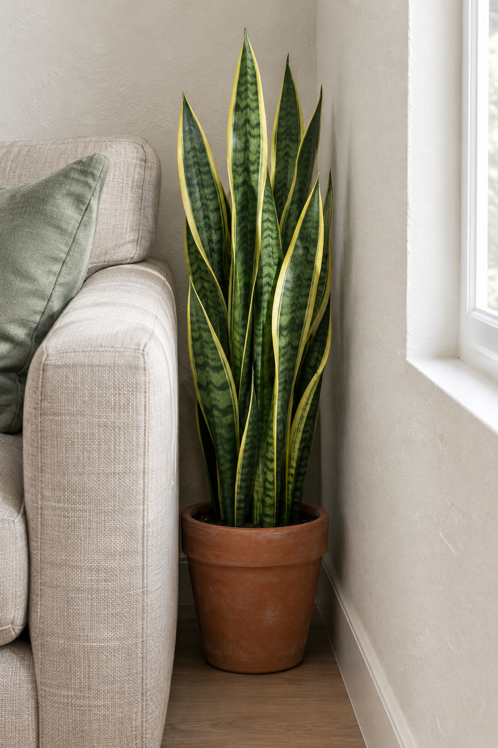 A snake plant in a narrow slot between a sofa arm and a wall in a small apartment