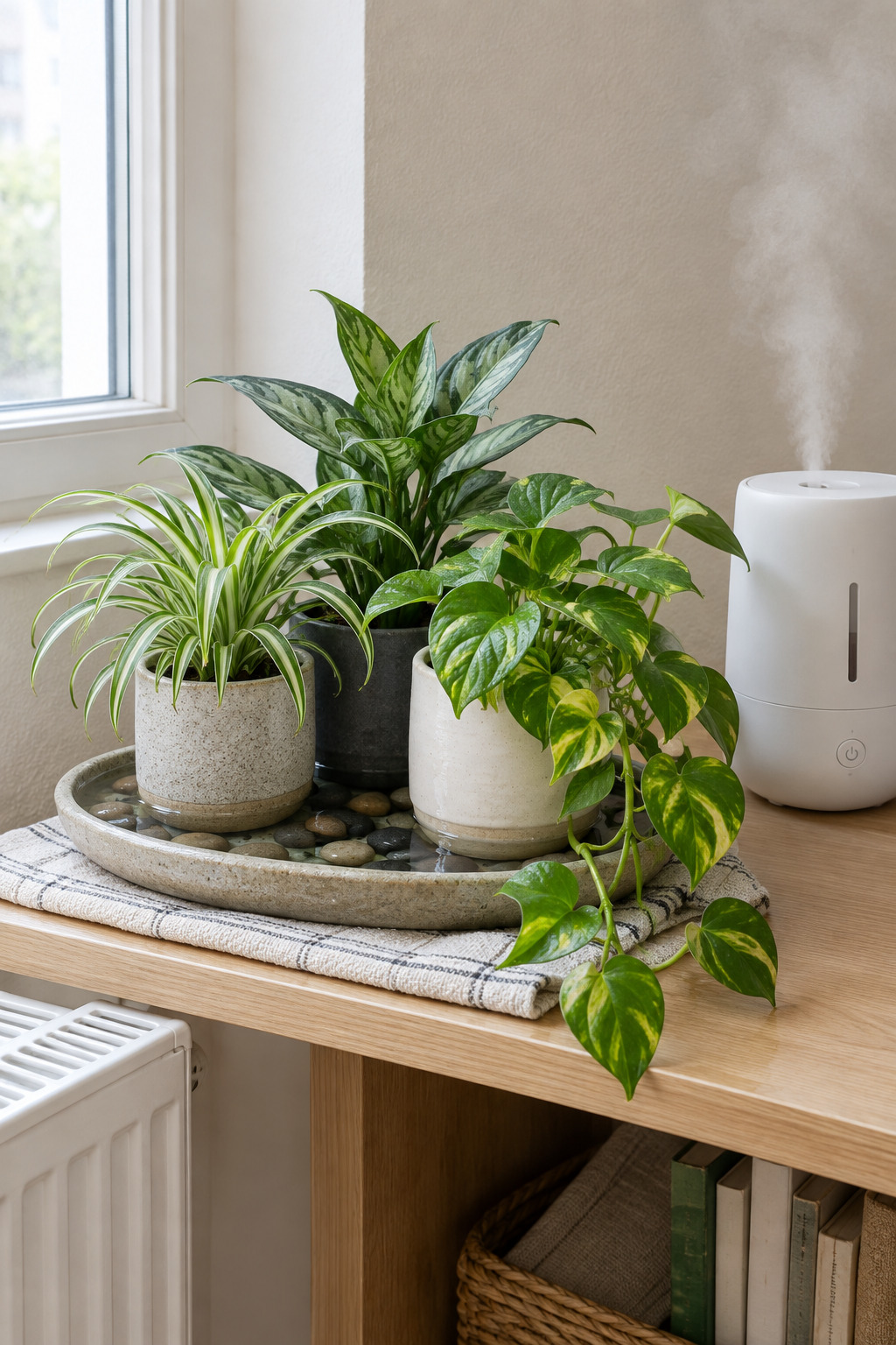 Three houseplants grouped on a pebble tray beside a small humidifier in a small apartment