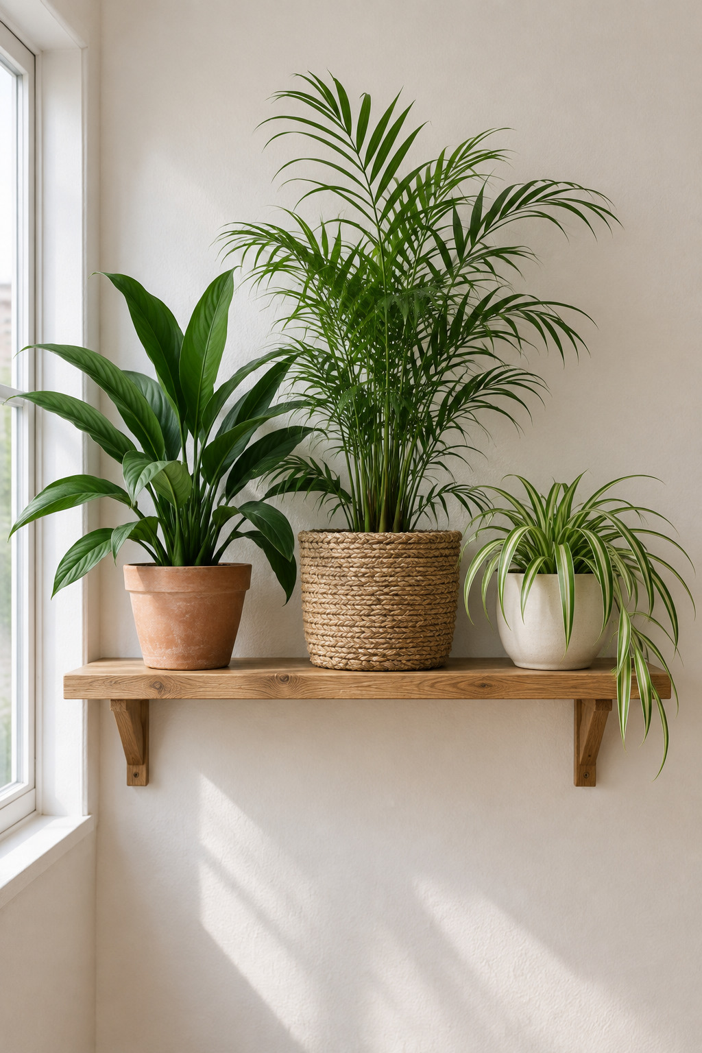A broad-leaved floor plant in a terracotta pot, a parlor palm in a woven basket, and a small spider plant on a wooden shelf in a small apartment