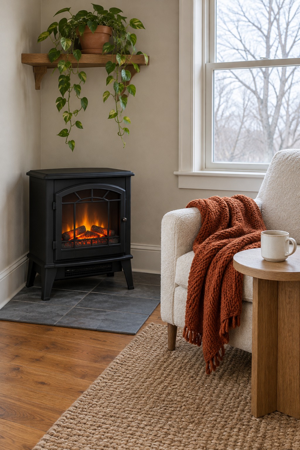 Compact black electric stove with a glowing flame beside a cream armchair and rust throw in a small den