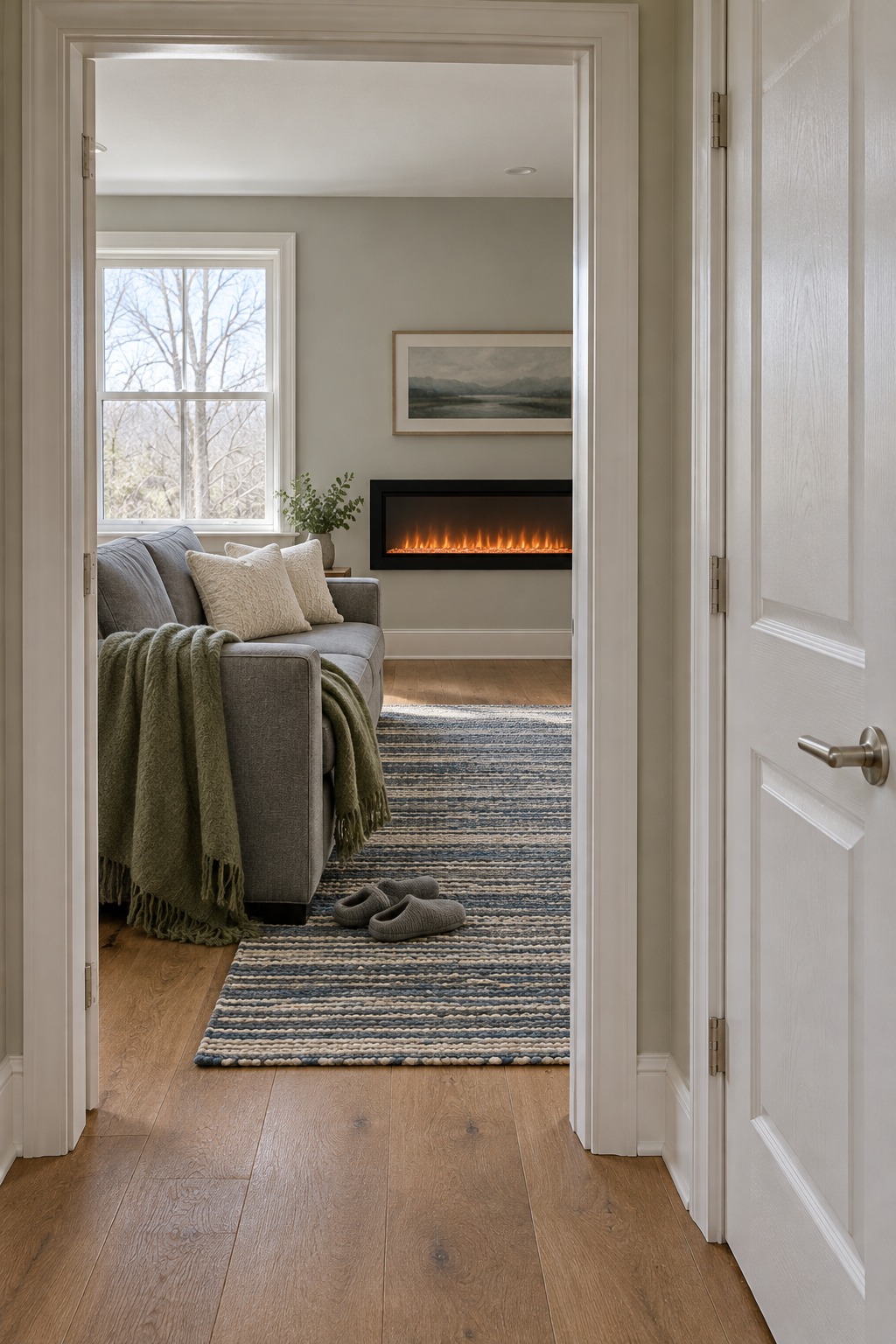 Hallway view into a warm family room with a sofa, sage blanket and a glowing wall fireplace