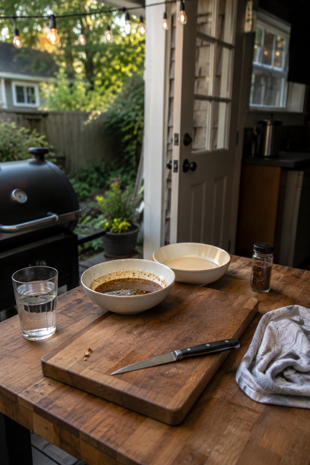 Backyard BBQ prep zone with a butcher block table, a cutting board, two bowls, and a knife laid out under a string light canopy