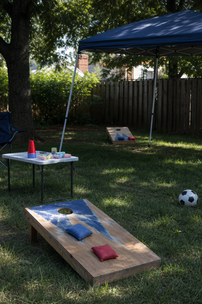 Backyard kid zone with a corn hole set, a small folding table, and a pop-up canopy in dappled shade