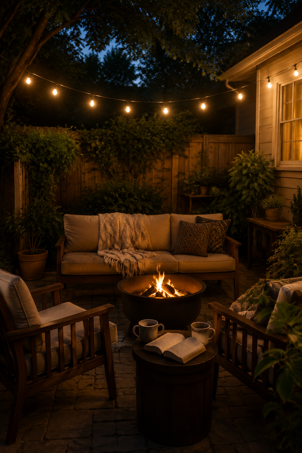 Backyard lounging zone after dinner with an outdoor sofa, two chairs, a small fire pit, and string lights overhead