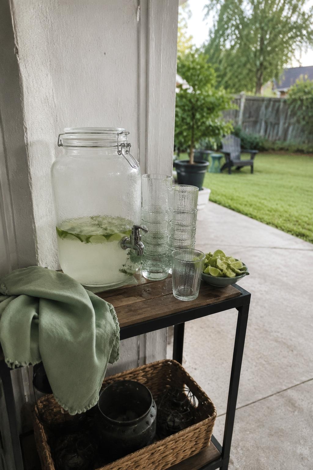 A self-serve drink station on a small patio side table with a glass dispenser, stacked tumblers, and a bowl of cut limes in natural daylight