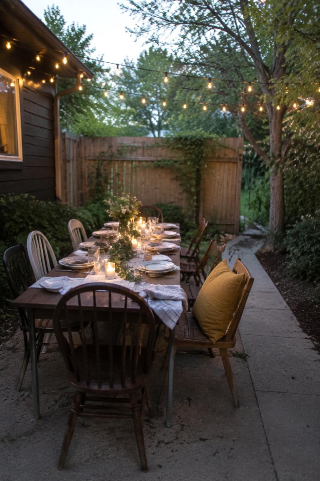 A backyard dinner table getting its final touches at early dusk with string lights just turned on and a clear walking lane behind the chairs