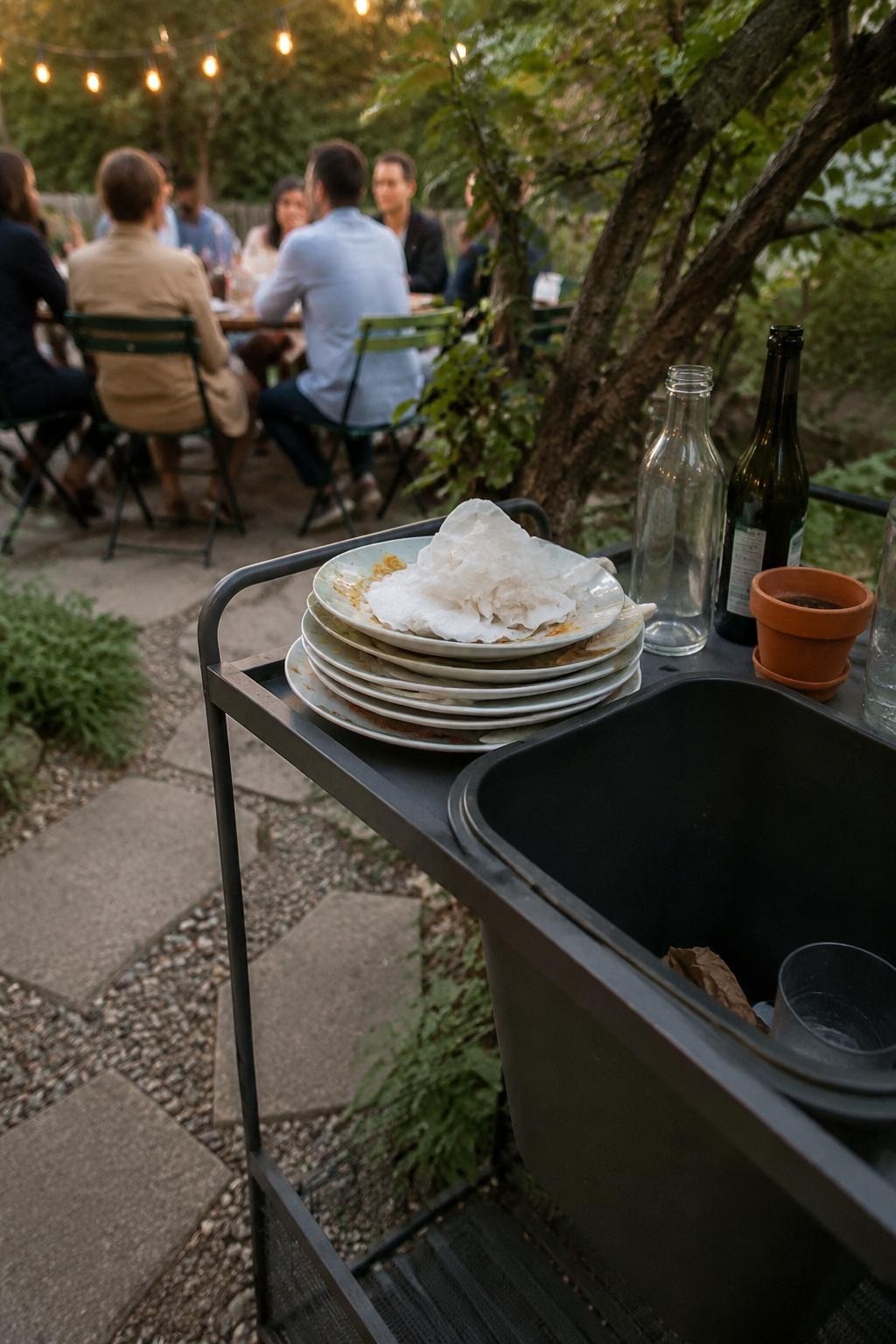 A small side cart used as a dish and trash drop-zone at the edge of a backyard dinner, with a bin and stacked plates beside string lights in natural daylight
