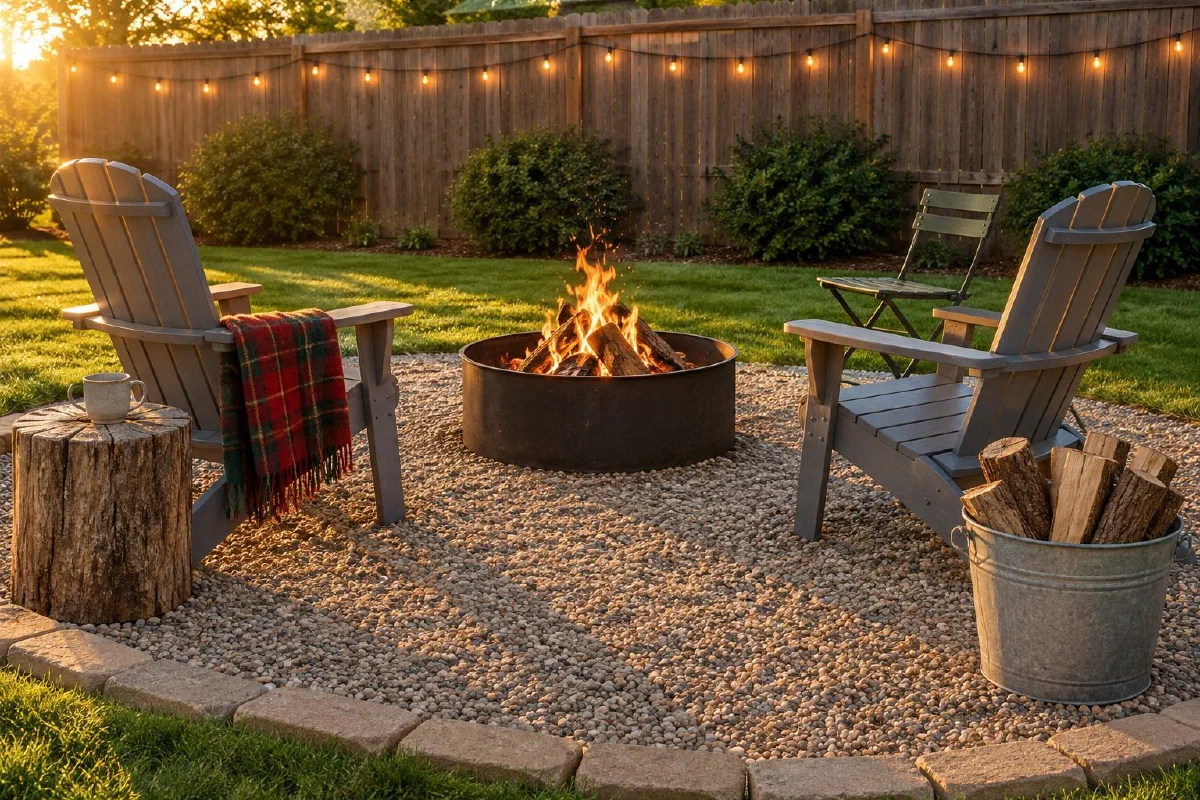 Small backyard fire pit area on a gravel pad with a steel fire ring, painted Adirondack chairs and string lights at golden hour