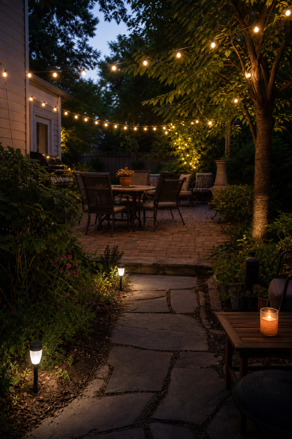 Backyard patio at dusk with warm white string lights overhead, solar path lights along a walkway, and a single lit candle on a side table