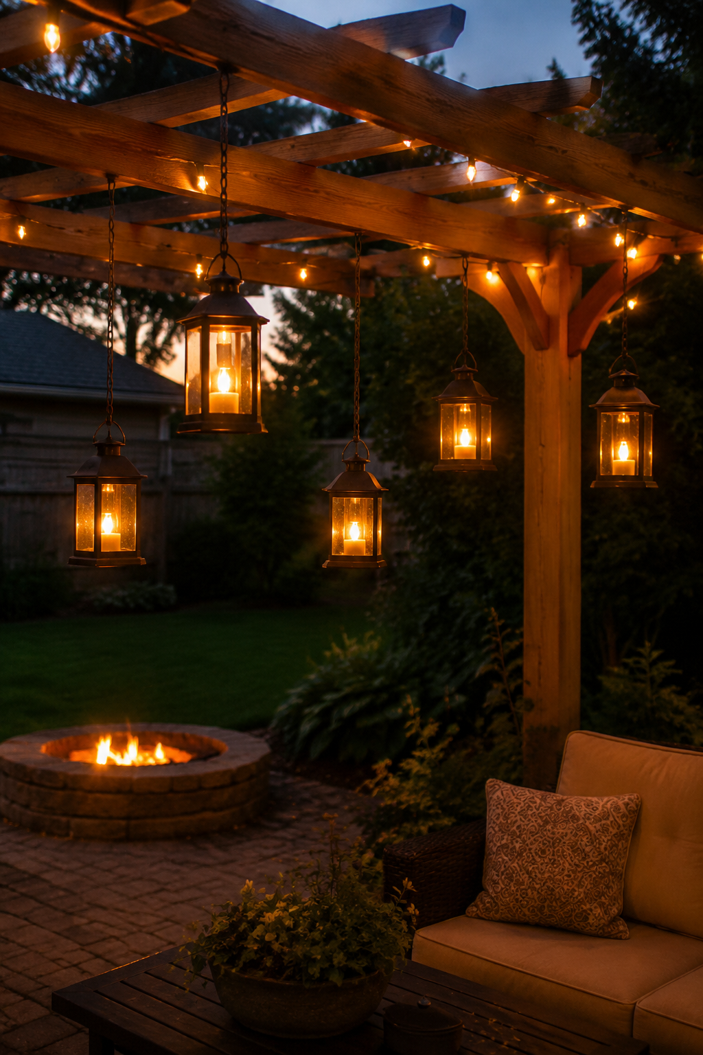 Backyard pergola in the evening with five warm-glowing hanging lanterns at varied heights, string lights at the top, and a small fire pit nearby