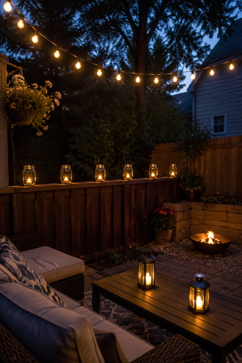 Backyard at dusk with multiple lighting layers: string lights overhead, lanterns on a table, candles on the fence railing, and a small fire pit in the corner