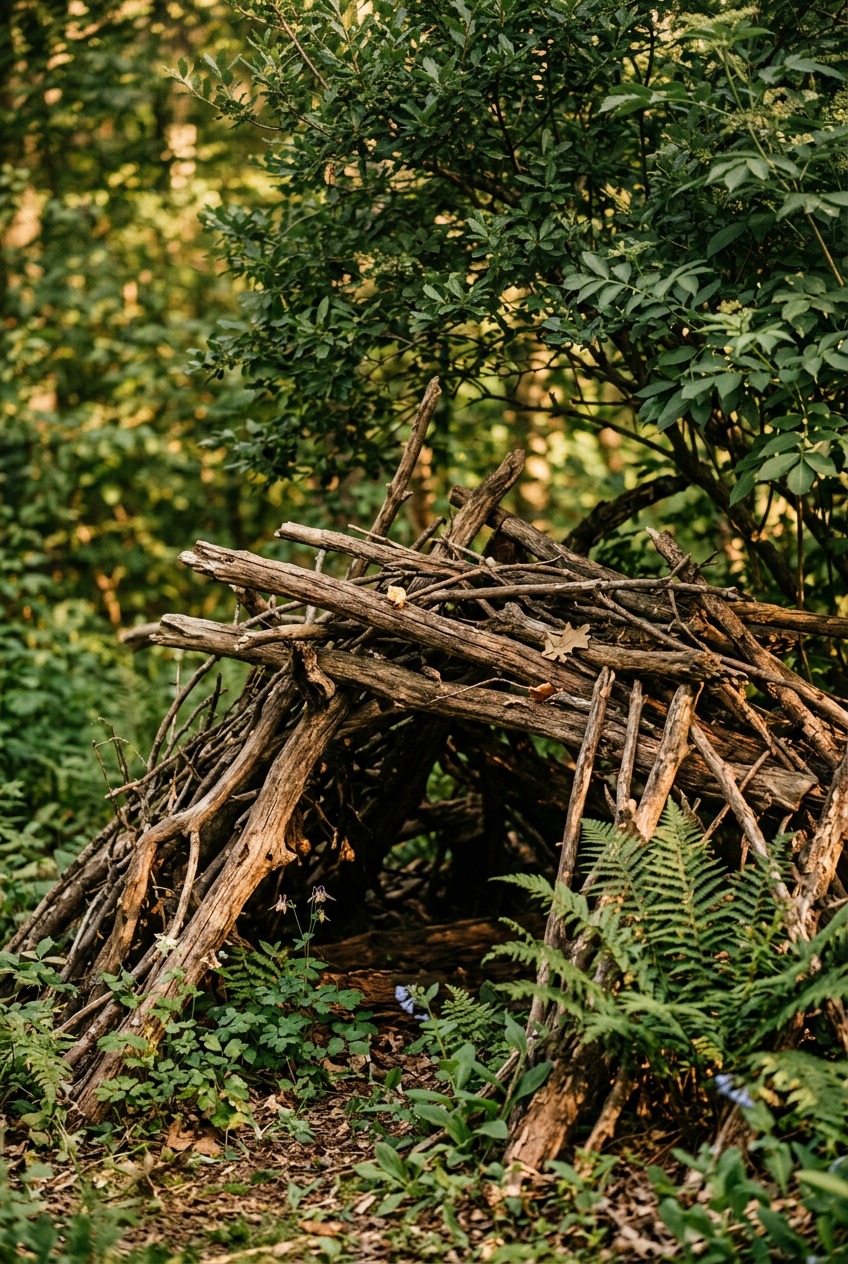 Brush pile shelter and native shrubs providing cover for backyard wildlife