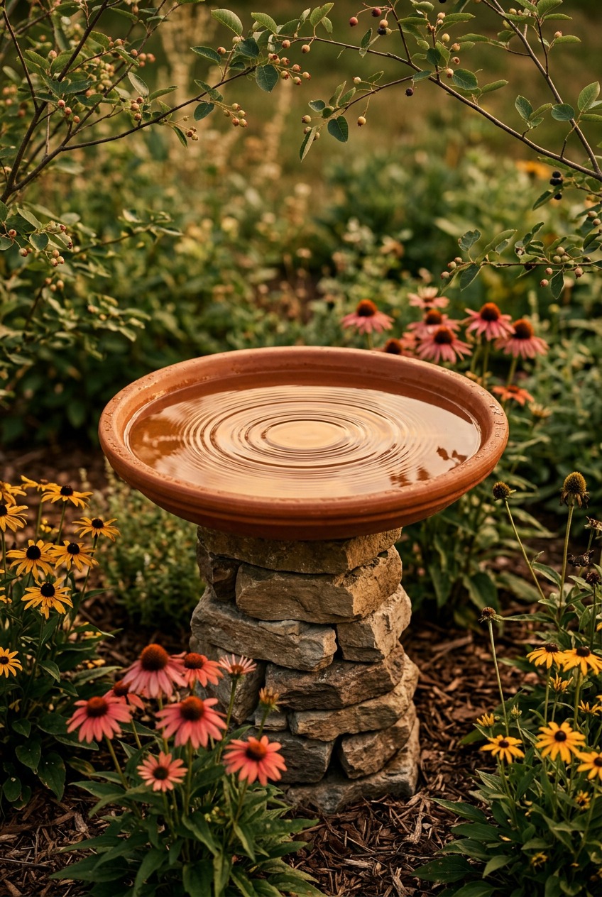 Certified wildlife habitat sign displayed in garden with native plantings and water feature
