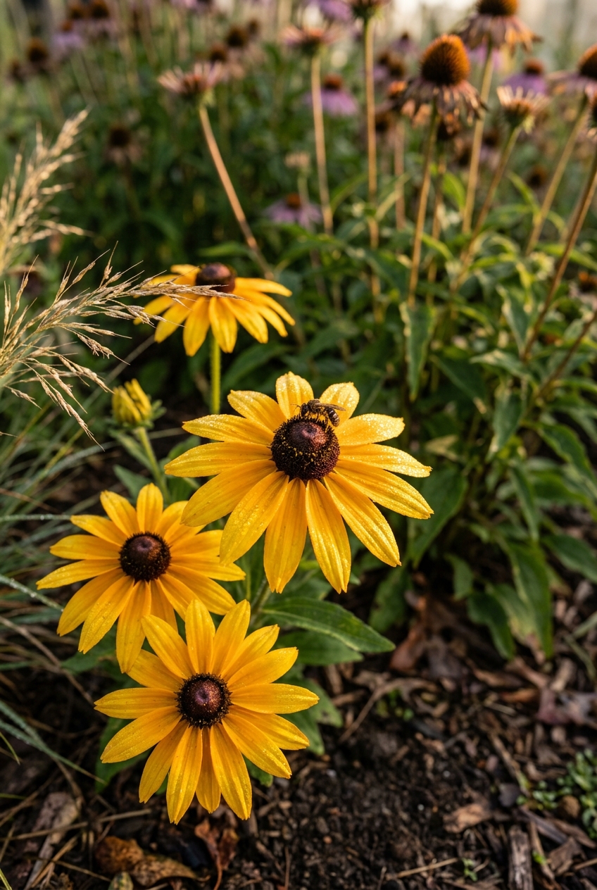 Native plant border with black-eyed Susan, purple coneflower, and little bluestem grass providing food and cover for wildlife