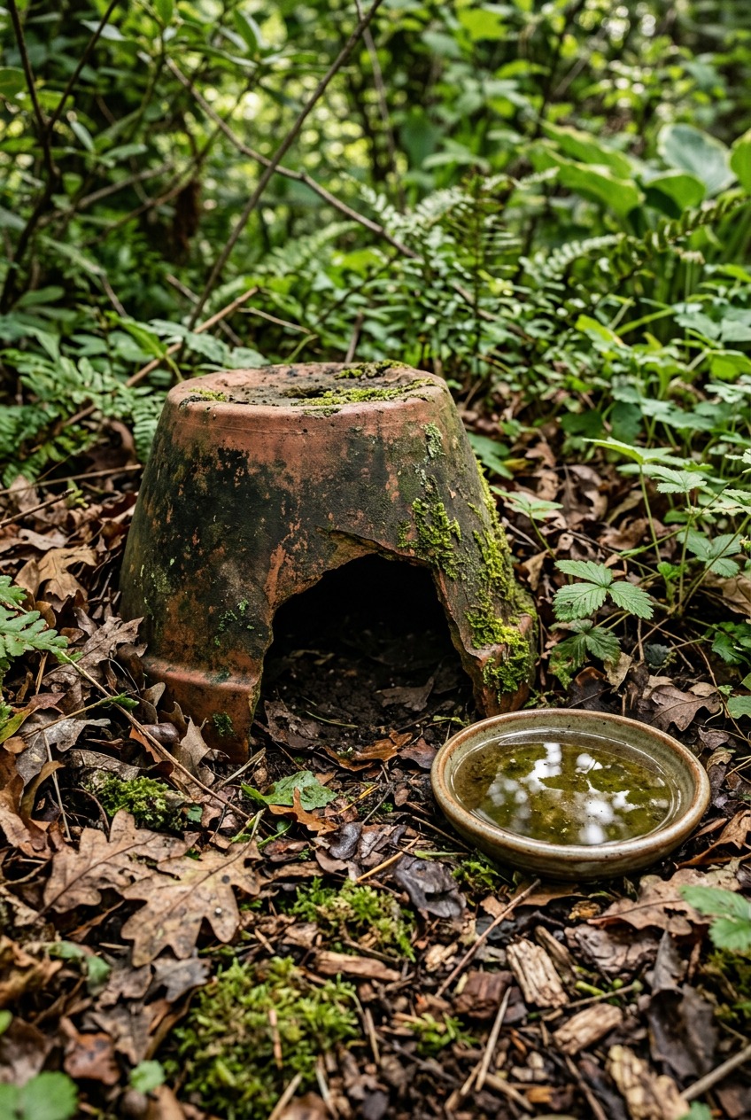 Overturned terracotta pot with entrance hole creating shelter for toads near garden bed