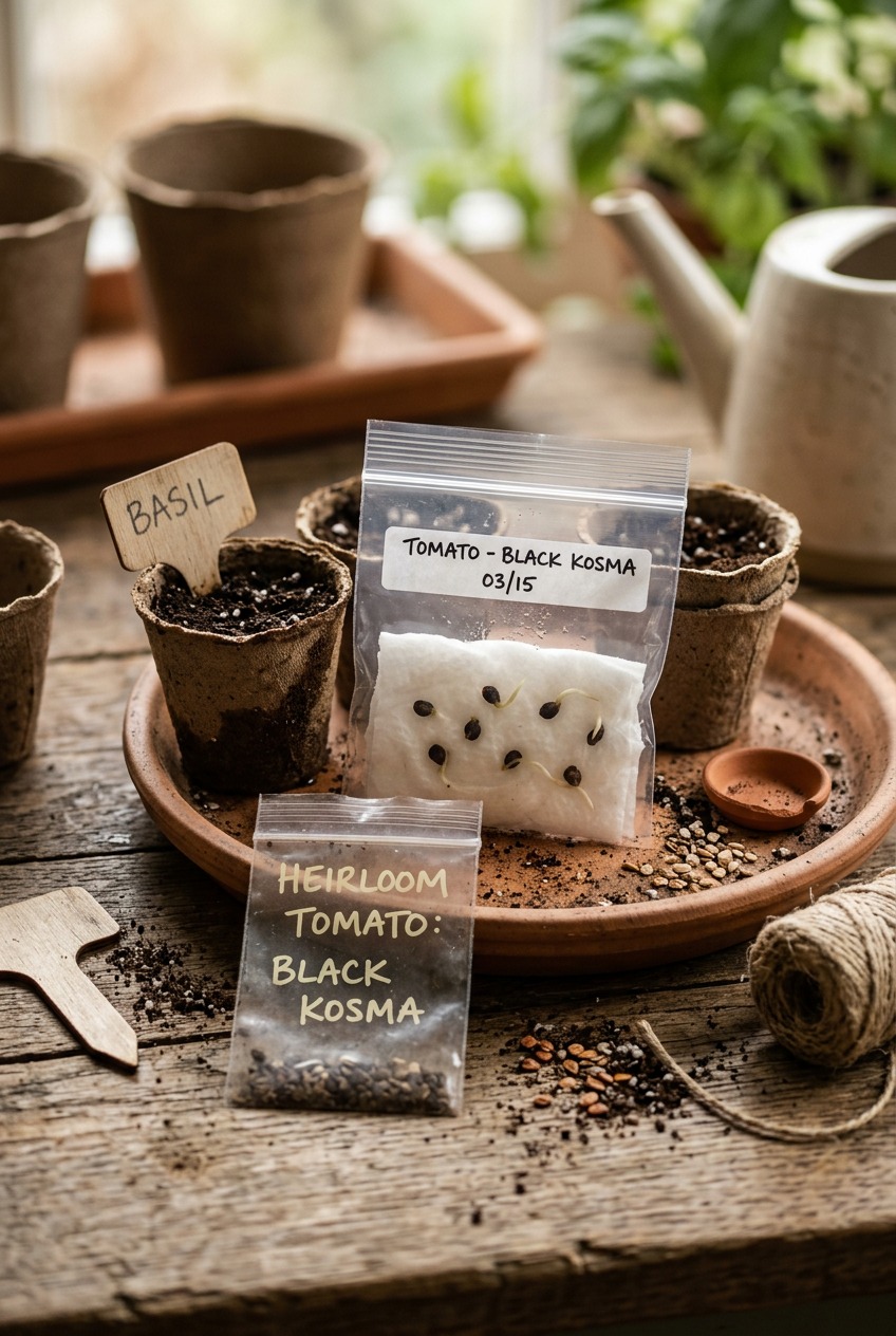 Zip-lock bags paper towels spray bottle and seed packets laid out on a kitchen counter