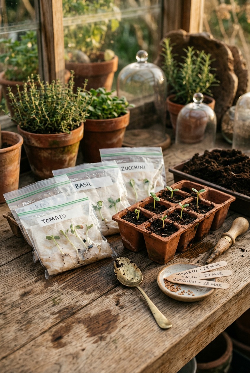 Sprouted seedlings with small roots ready to be transplanted from paper towel to small pots of soil