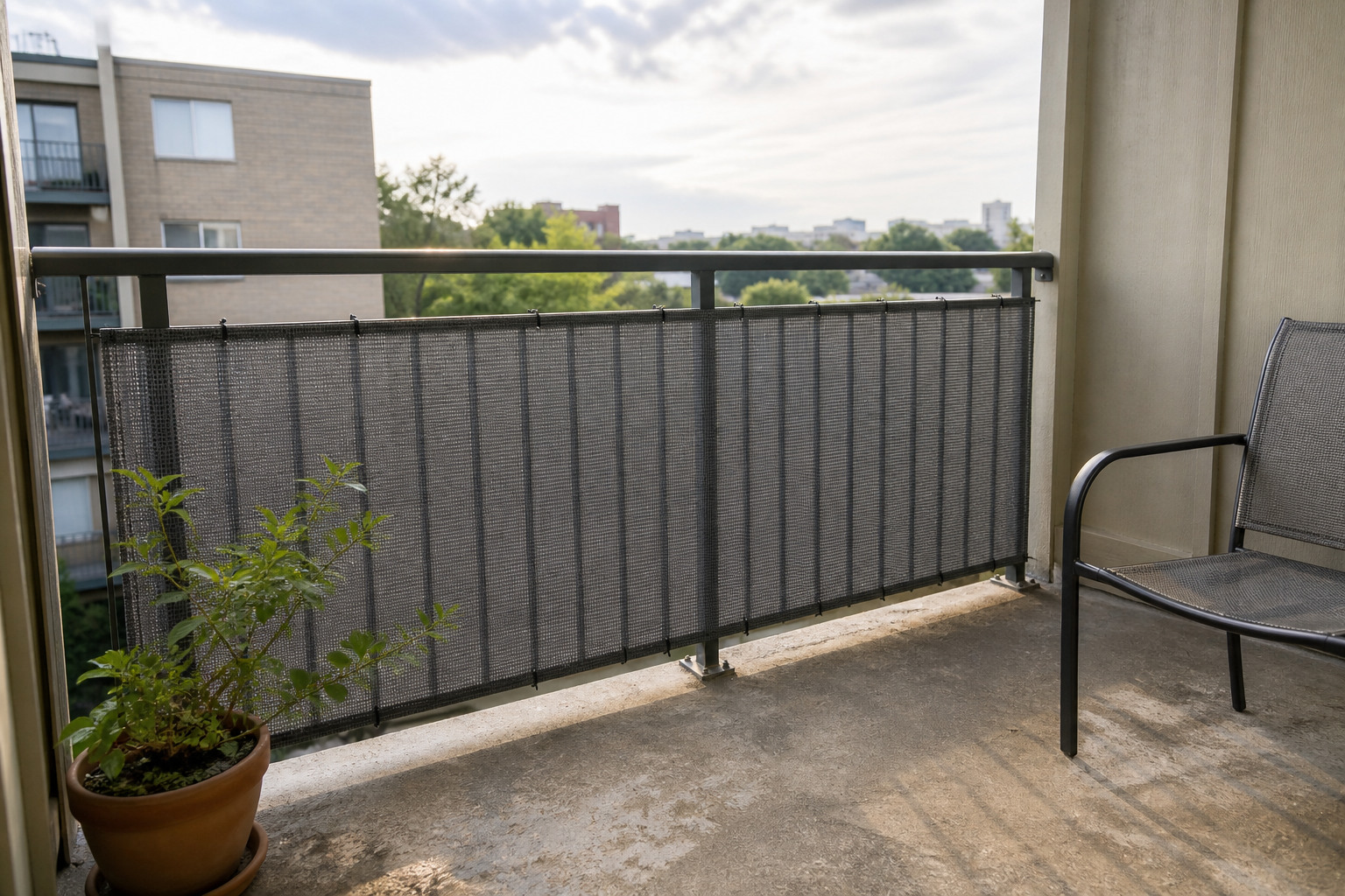 Renter-friendly balcony planting arranged beside a removable privacy screen