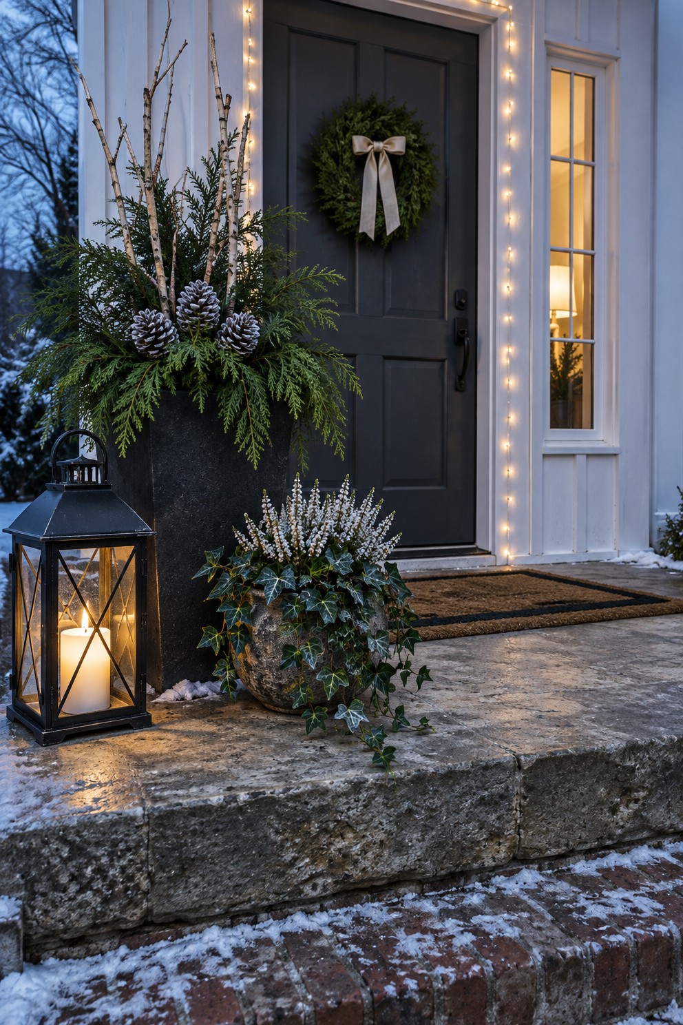 Black lantern with a lit flickering candle beside a tall planter of cedar stems and birch twigs on a front stoop at dusk in January