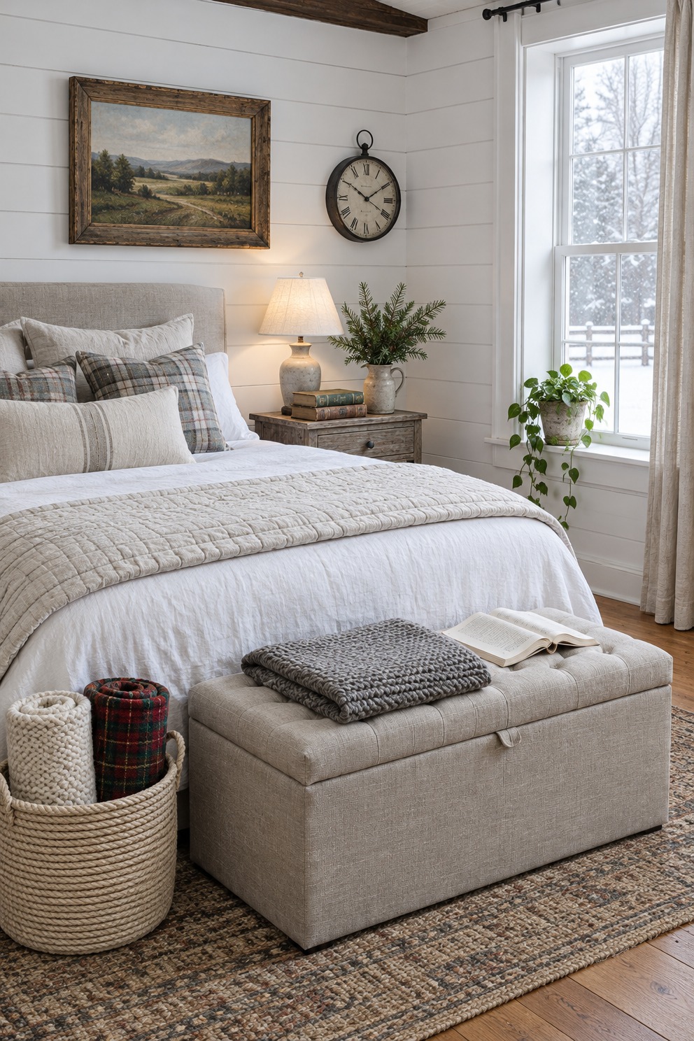 Bedroom corner with a gray storage ottoman at the foot of the bed holding a folded knit throw and an open book, and a rope basket of rolled blankets beside it