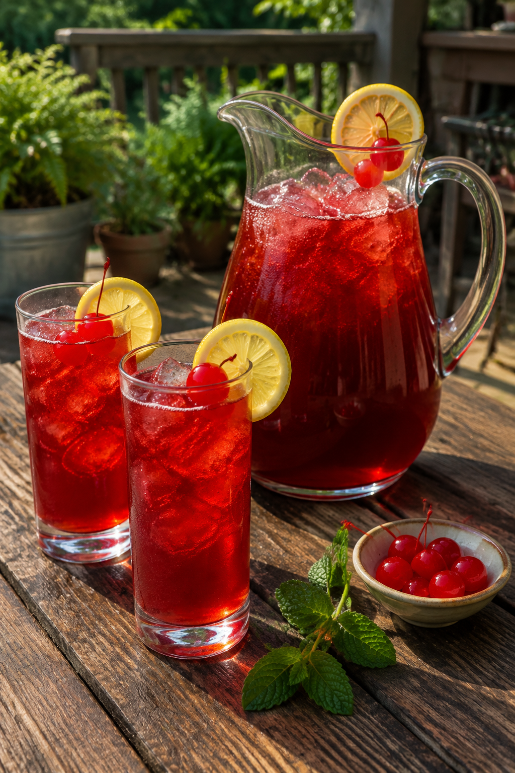Pitcher of Belmont Jewel cocktail in deep red with lemon and cherry garnish on a backyard table with mint glasses