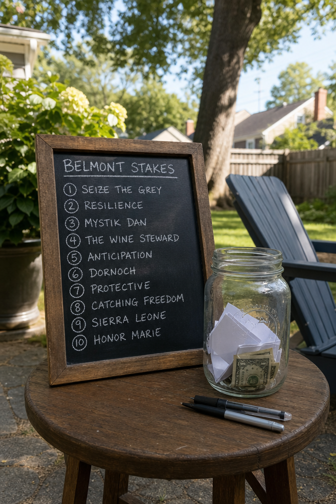 Small chalkboard listing Belmont Stakes horses with handwritten names and a glass jar of cash from the betting pool