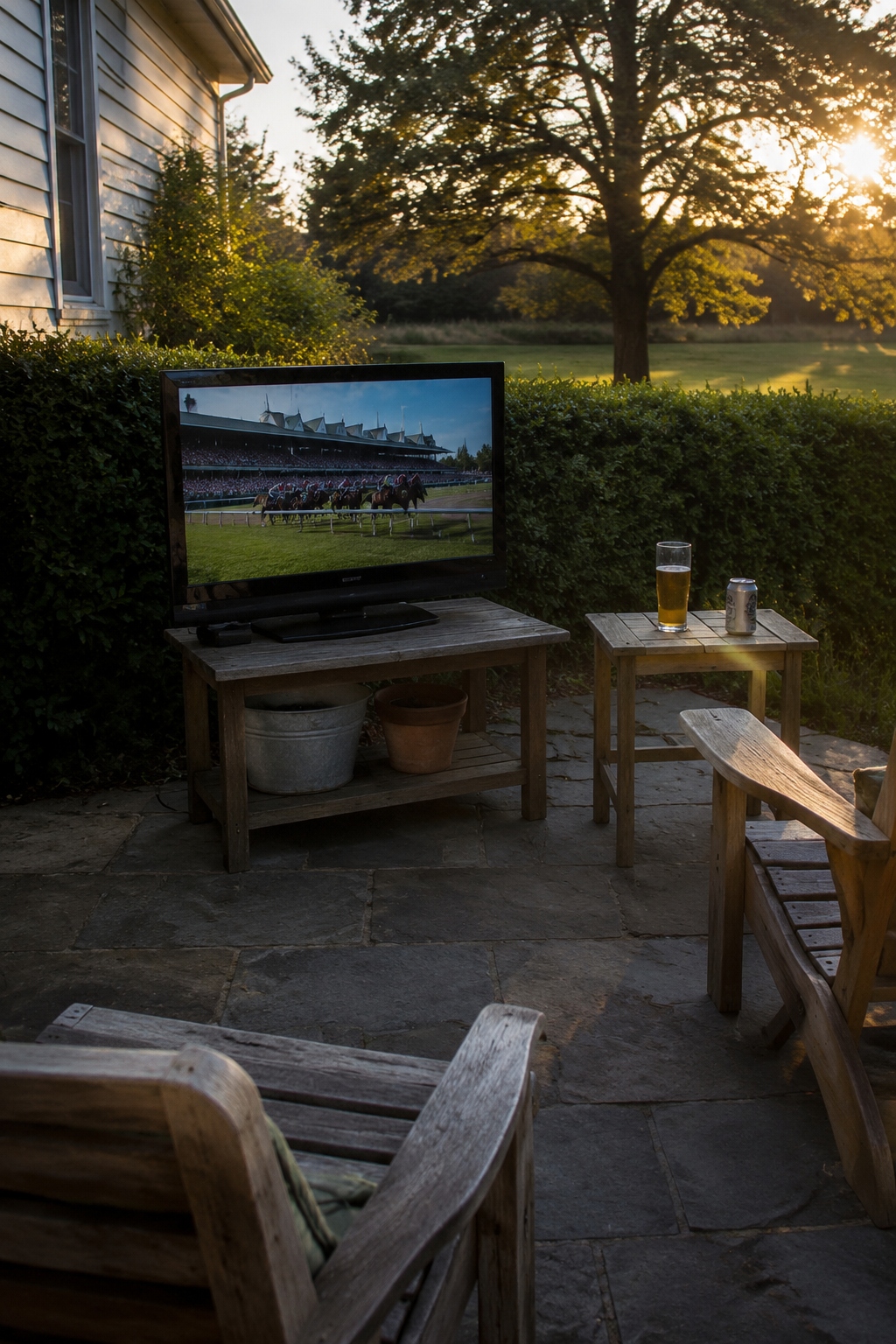 Backyard patio in late afternoon with TV on a small table playing horse racing coverage and guests gathered with drinks
