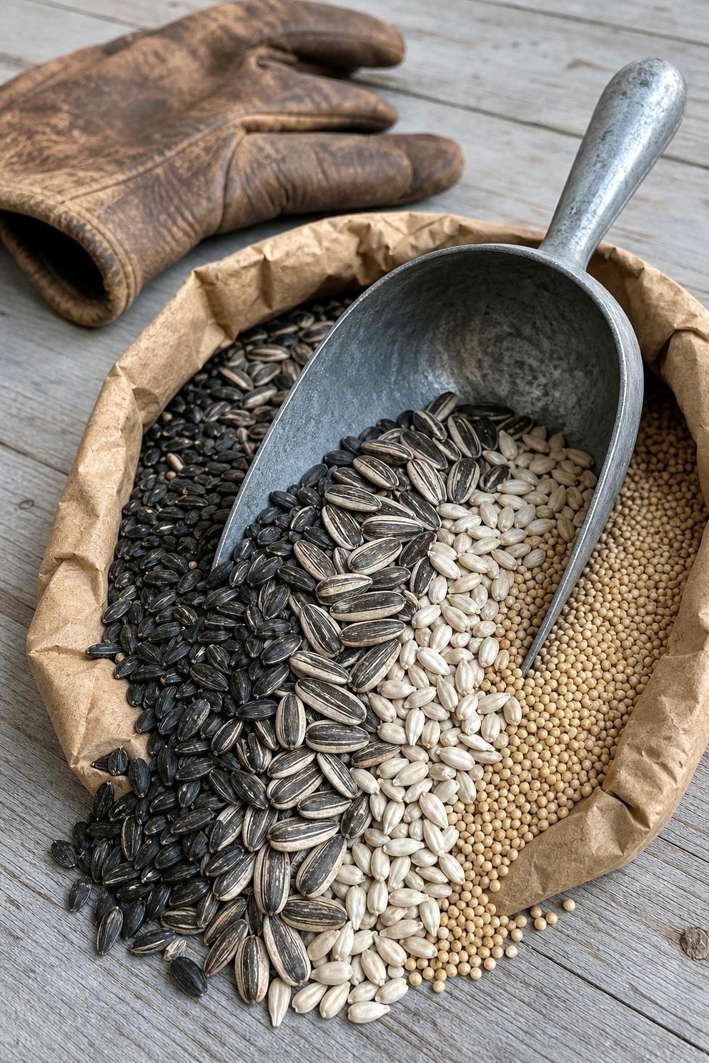 A galvanized metal scoop resting in an open paper bag of bird seed, with black oil sunflower, larger striped sunflower, white safflower and small round millet seeds visible up close