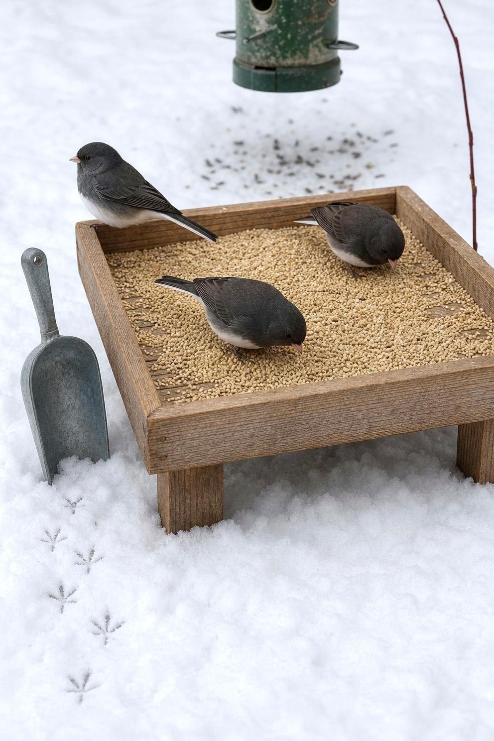 Three dark-eyed juncos feeding on white proso millet spread across a low wooden ground tray in fresh snow beneath a hanging feeder