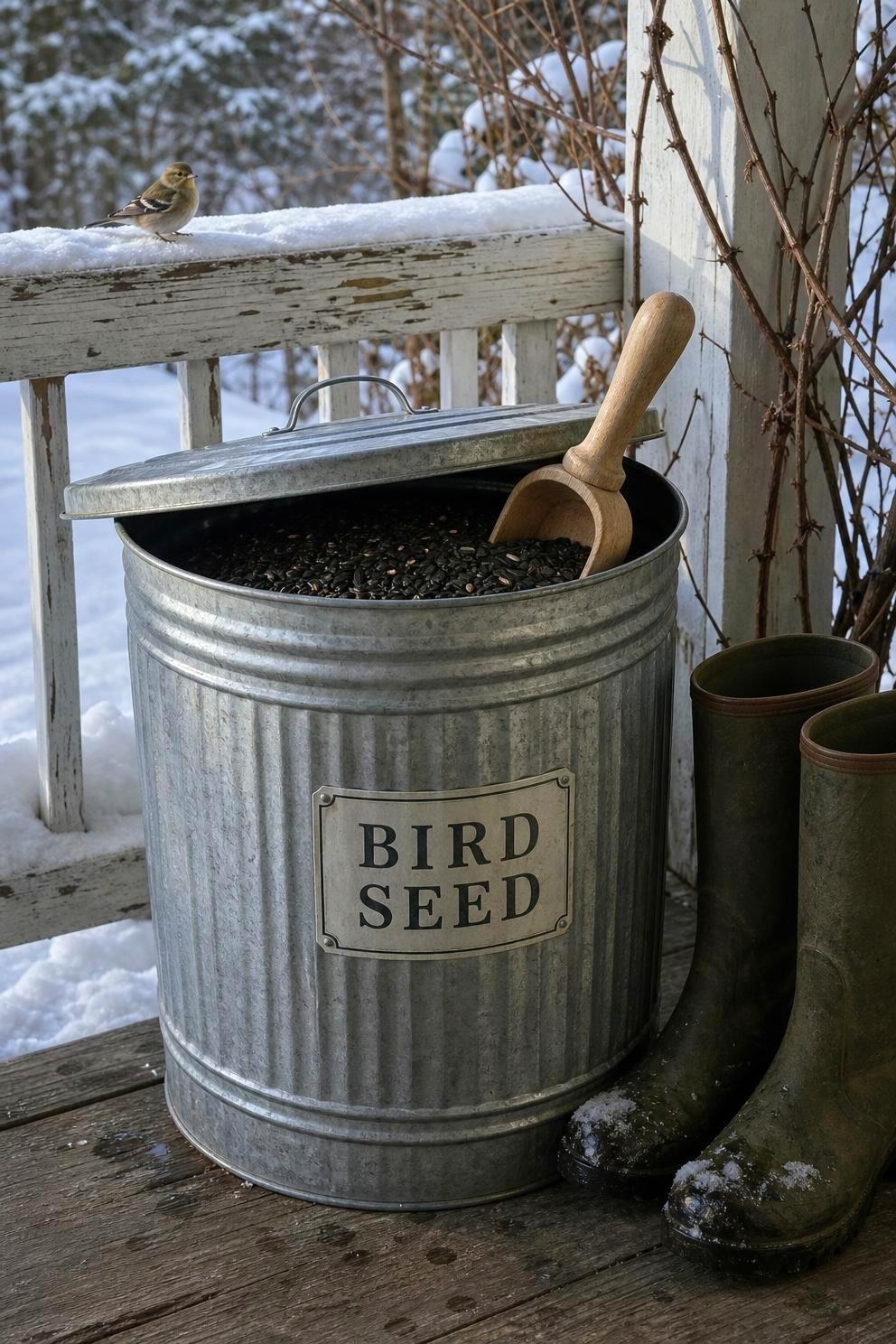 A lidded galvanized metal can of bird seed on a snowy covered porch step with a wooden scoop tucked inside the open lid and an American goldfinch on the porch rail behind