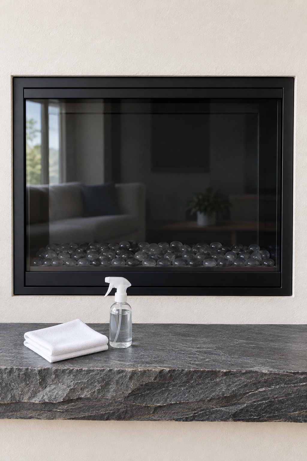 Clear glass front of an electric fireplace insert with a folded white cloth on the hearth ledge