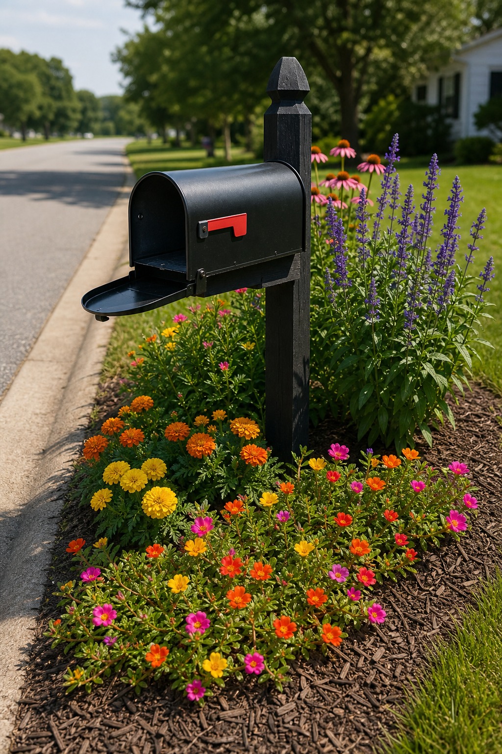 Small mailbox planting with flowers kept below the mailbox door and away from the road edge