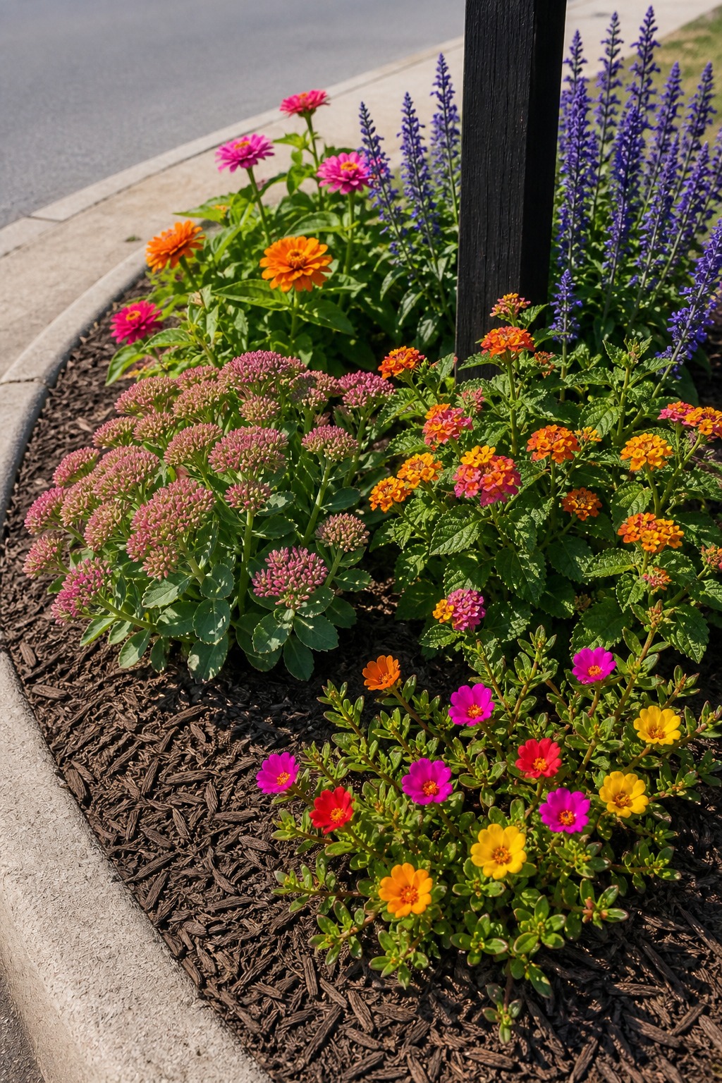 Close detail of drought-tolerant mailbox flowers growing in mulched soil near a curb