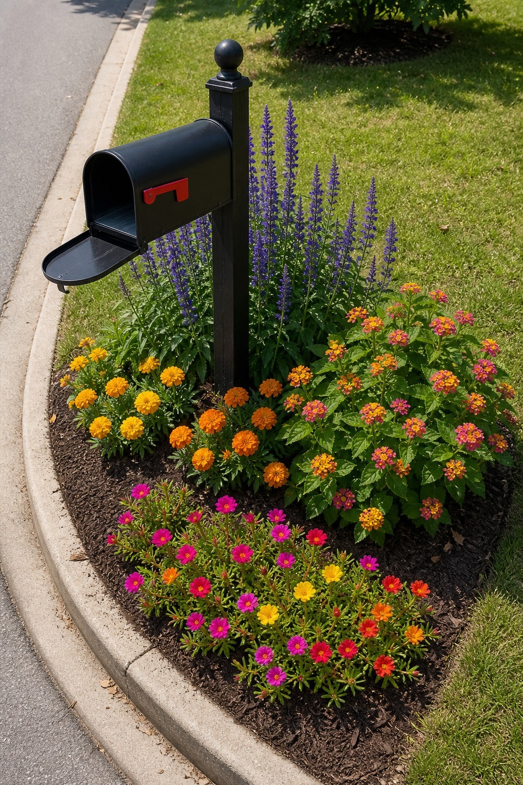 Finished full sun mailbox flower layout with taller salvia behind the post, mounding flowers on the sides, and low edging plants