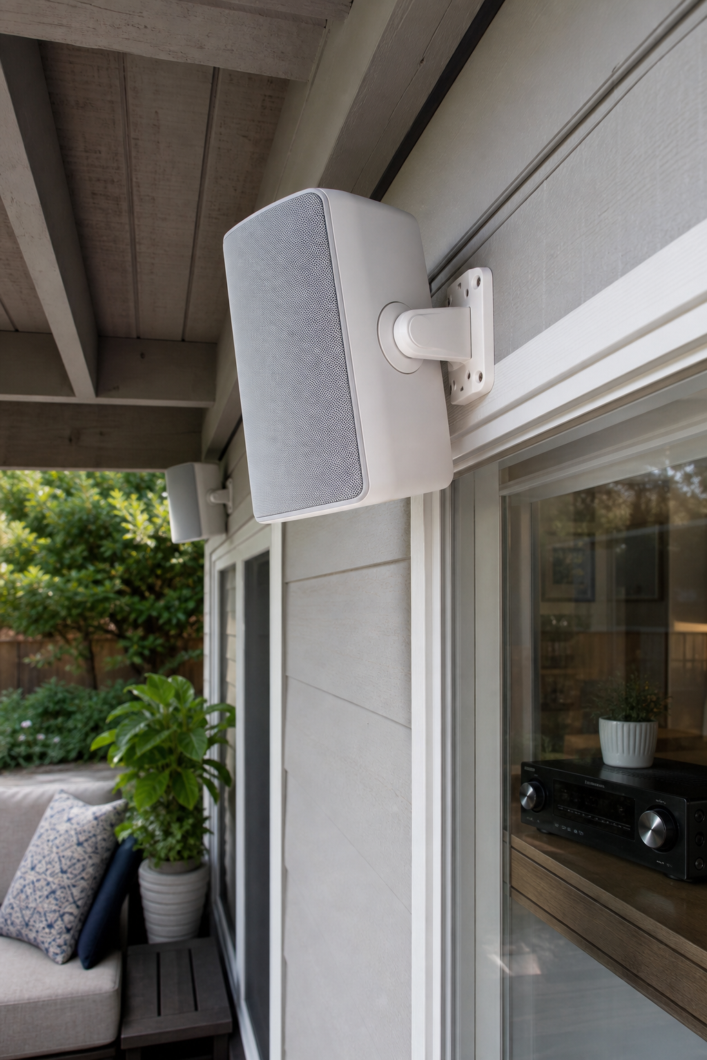 Pair of white outdoor wall-mounted speakers under a patio overhang with a small amplifier visible on a shelf inside the house