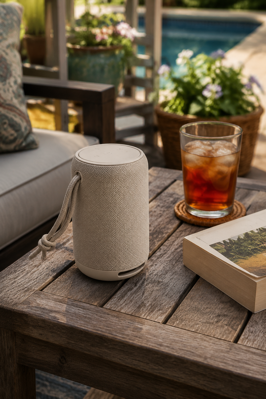 Single portable Bluetooth speaker in cream color sitting on an outdoor patio side table beside a glass of iced tea