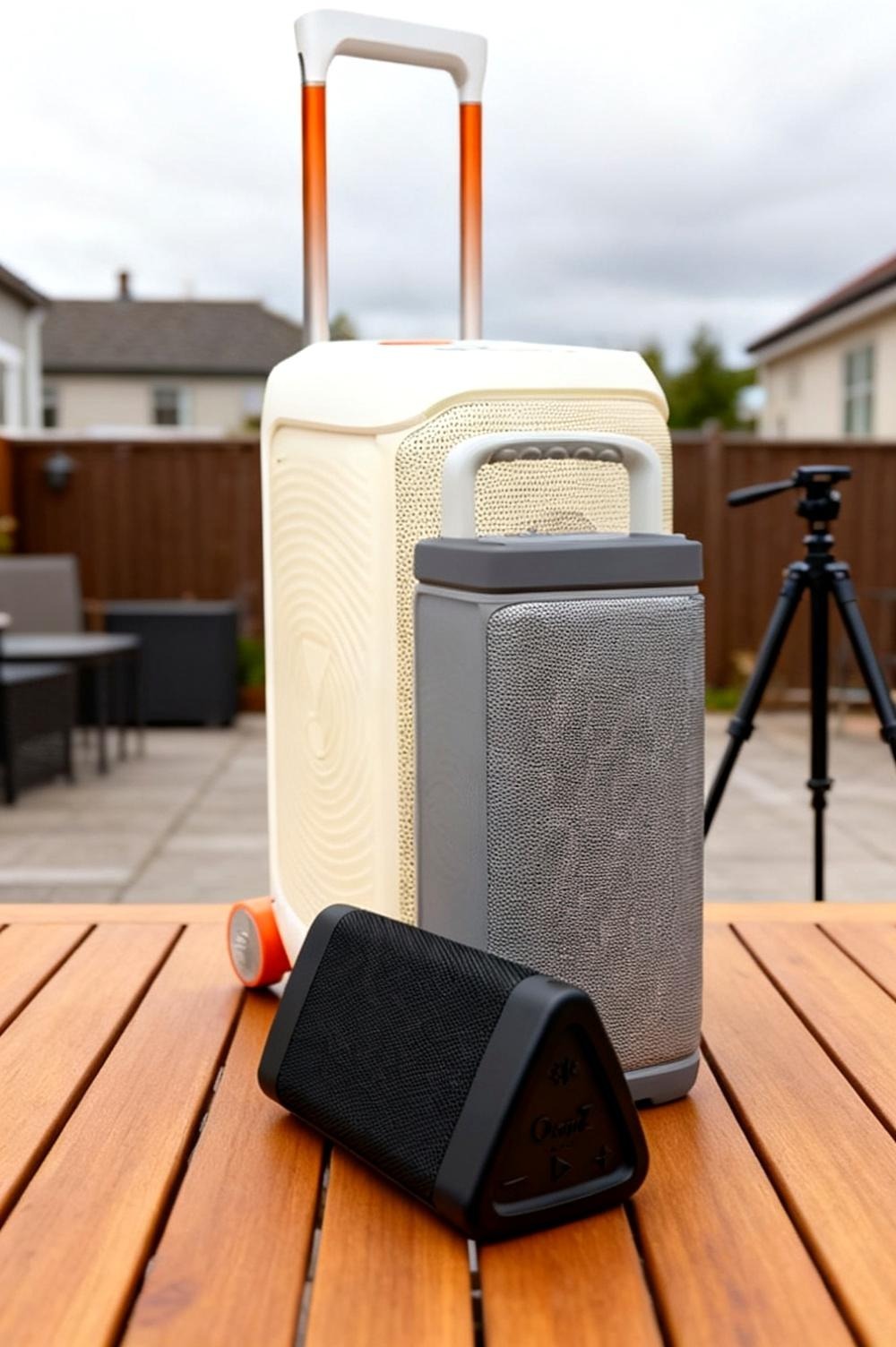 Three portable outdoor speakers, the Turtlebox Ranger, the OontZ Angle 3 and the JBL PartyBox Stage 320