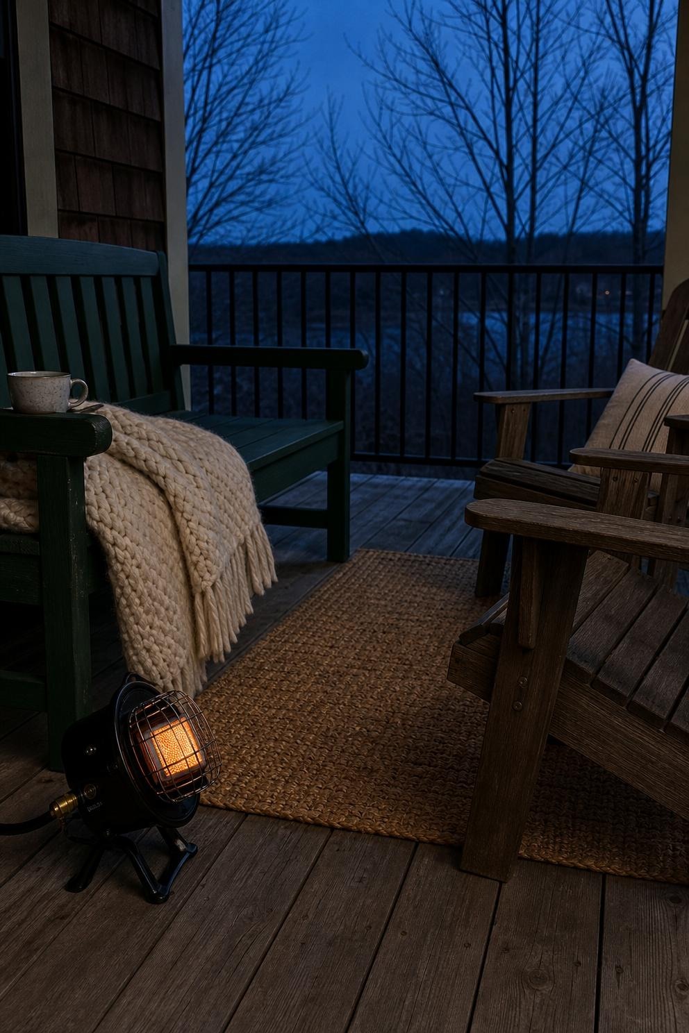 A covered back porch at dusk with a small portable radiant heater on the floor at the edge of a jute rug, angled toward a bench with a cream wool throw