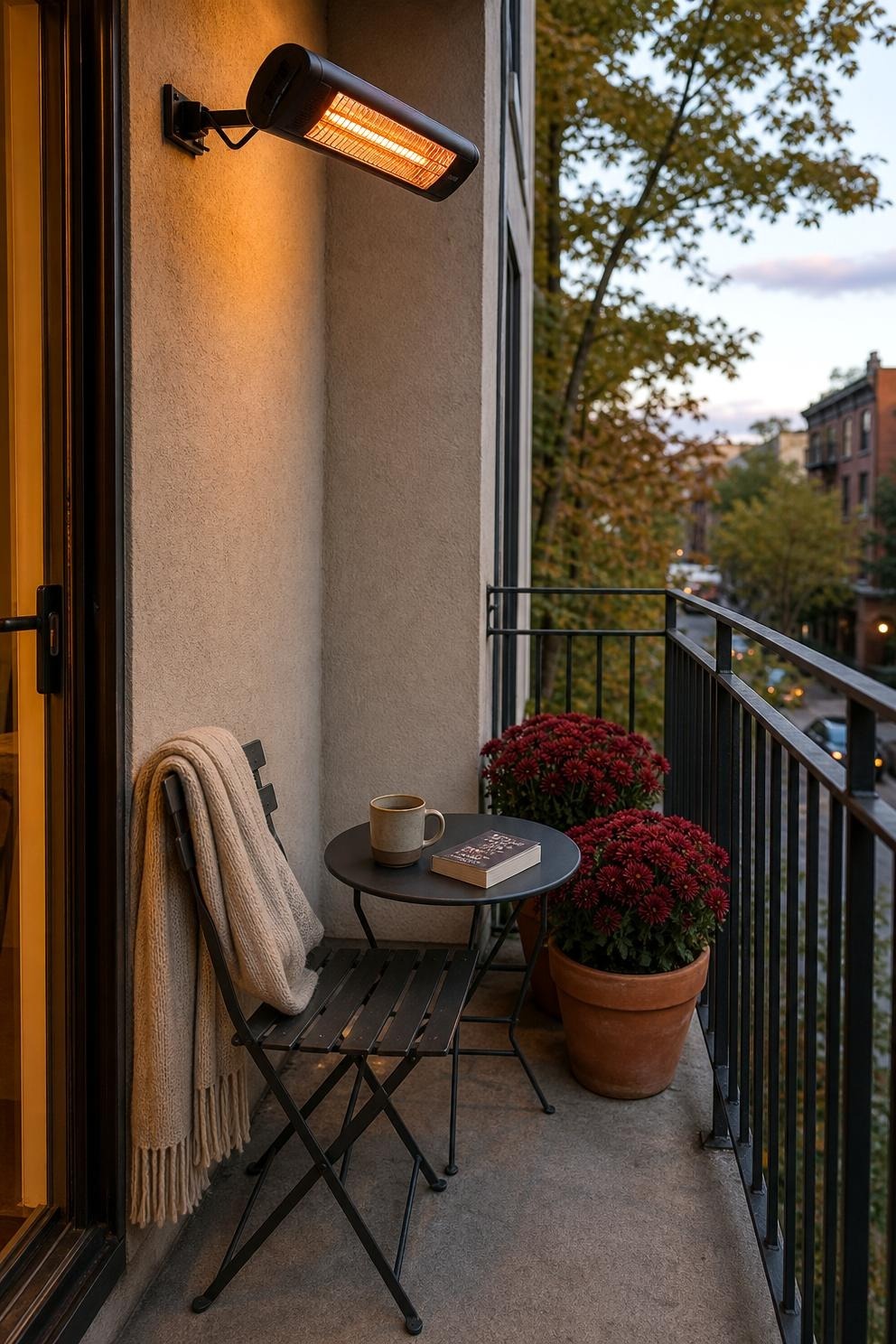 A narrow apartment balcony with a slim electric infrared heater beside a folding bistro chair, a small cafe table and terracotta pots of burgundy chrysanthemums