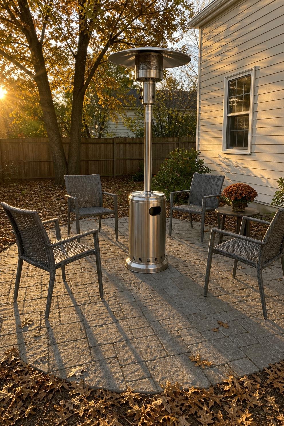 A tall stainless steel standing propane heater on a paver patio with a wide circle of clear space around it and four chairs set back in an arc