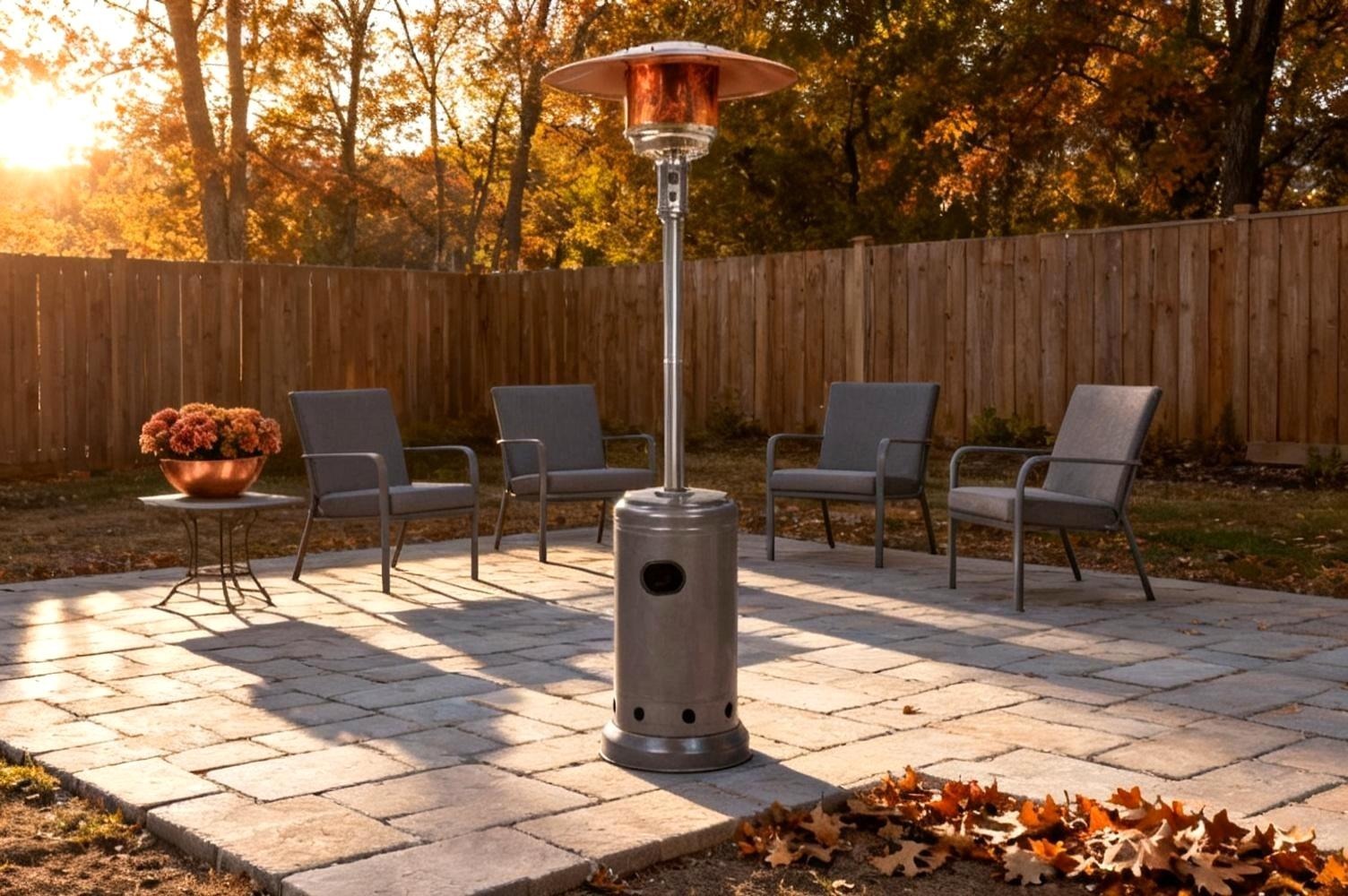 The Amazon Basics 46,000 BTU standing propane patio heater on a paver patio, chairs arranged in an arc around it