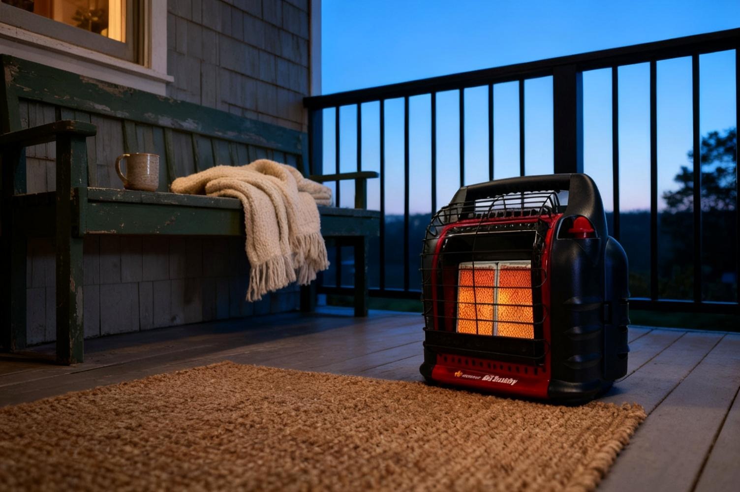 The Mr. Heater Big Buddy PRO radiant propane heater on the floor of a covered porch beside a bench with a wool throw