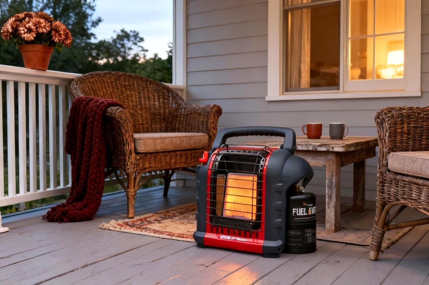 The Mr. Heater Portable Buddy radiant propane heater glowing on weathered porch boards beside a rattan chair and a rust knit throw
