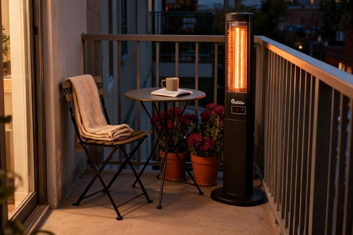 The Dr. Infrared DR-238 electric infrared heater standing at the corner of a narrow balcony beside a bistro table