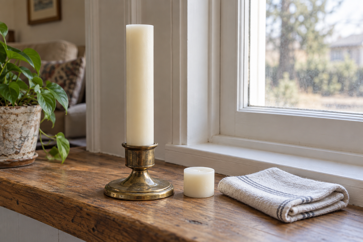 Close view of one unlit real-wax battery taper candle in an aged brass holder on a wood window ledge, with the natural wax texture visible