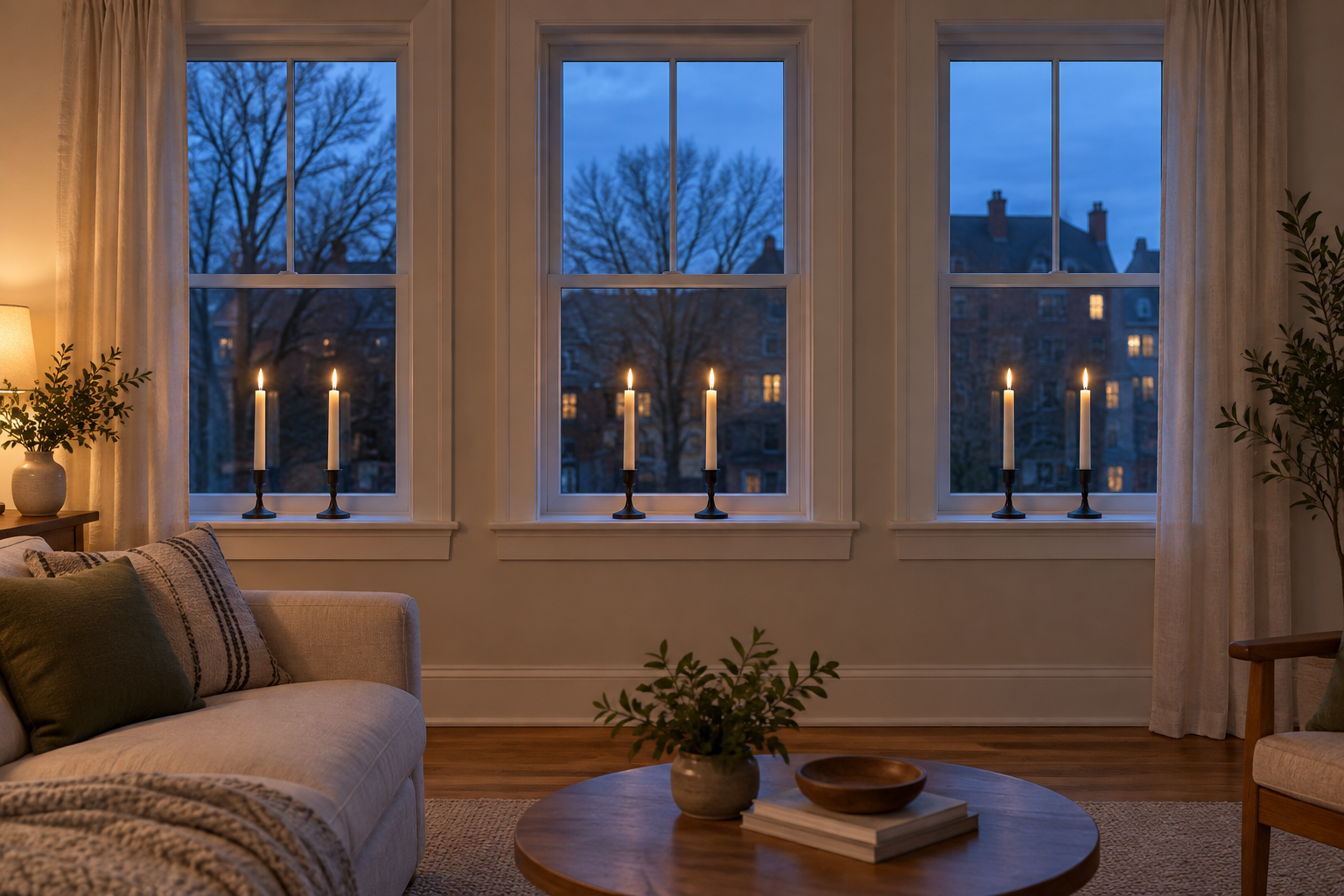Six tall ivory battery taper candles in six dark holders, arranged two per window across three matching apartment windows
