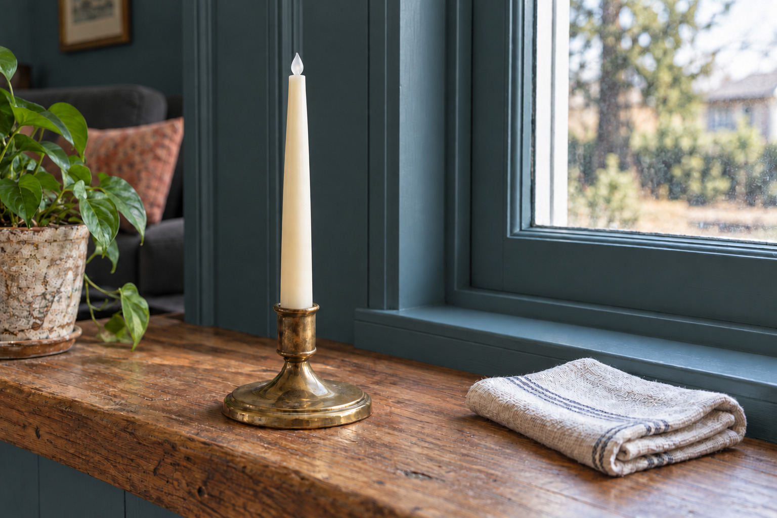 Representative ivory flameless taper in an aged-brass holder on a wooden window ledge beside a plant and folded linen