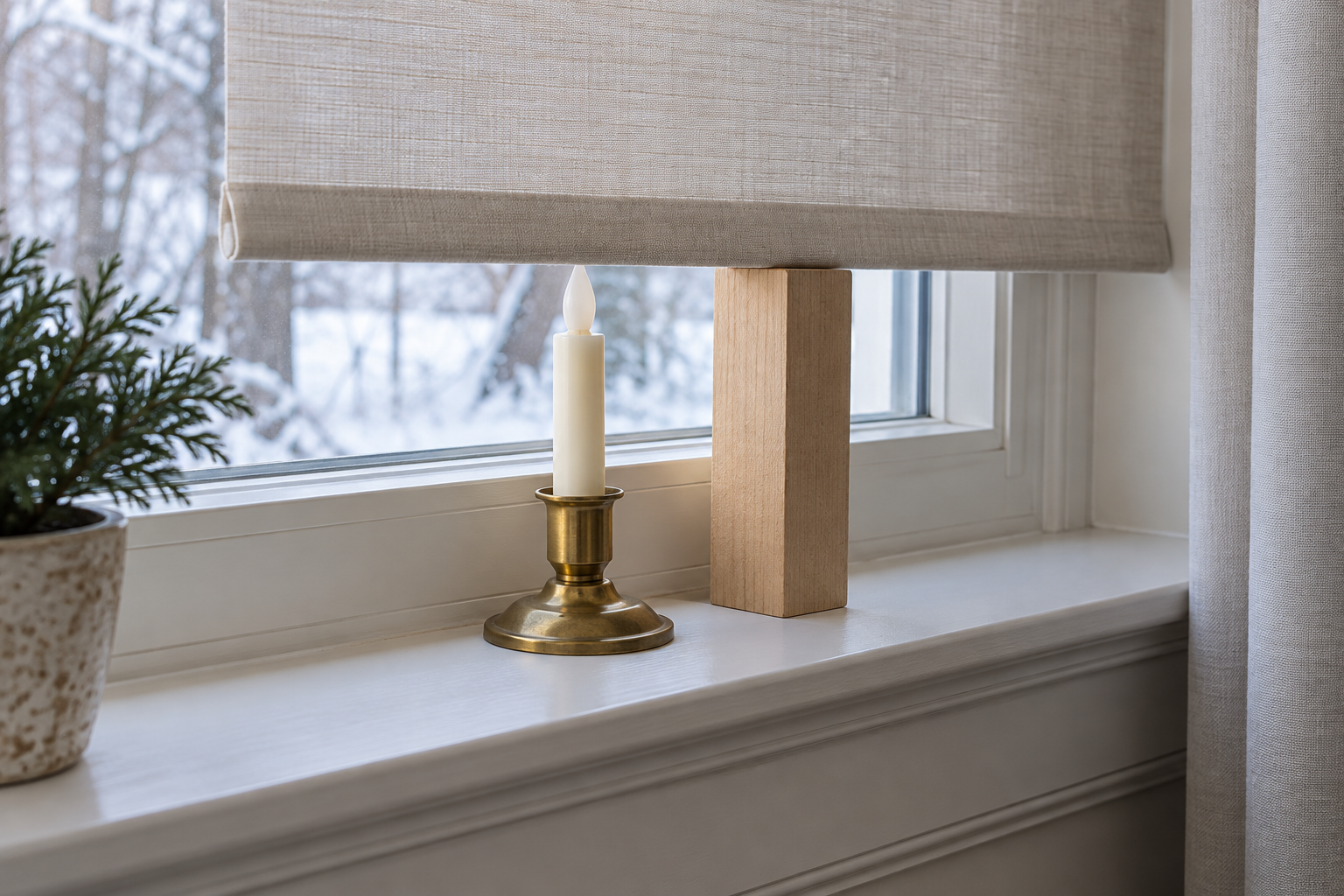 One short ivory battery taper candle in a low brass holder on a narrow painted window sill with the blind lowered safely above it
