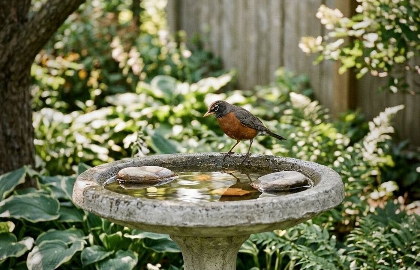 Concrete bird bath placed near garden plants with safe cover nearby